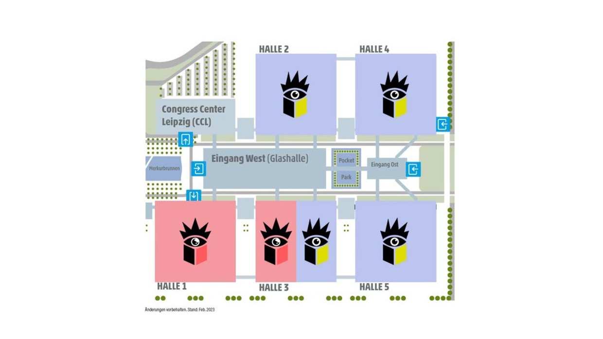 East Entrance. In the lower left, Manga Comic Con can be seen in Hall 1 and half of Hall 3. In the lower right, Hall 5 is visible.