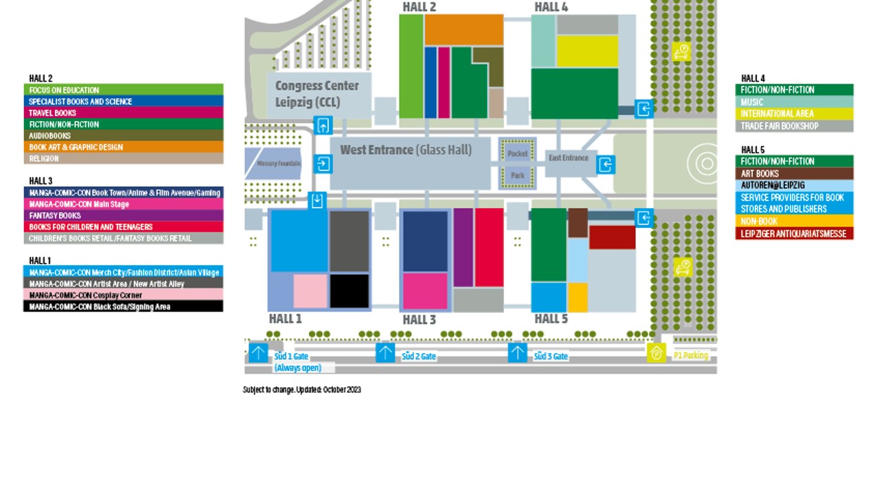In this graphic, the various exhibition areas of the Leipzig Book Fair are depicted in color and with labels.